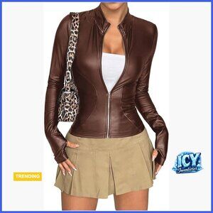 Faux Leather Jacket with Fleece Lining Zip Up Winter Coat